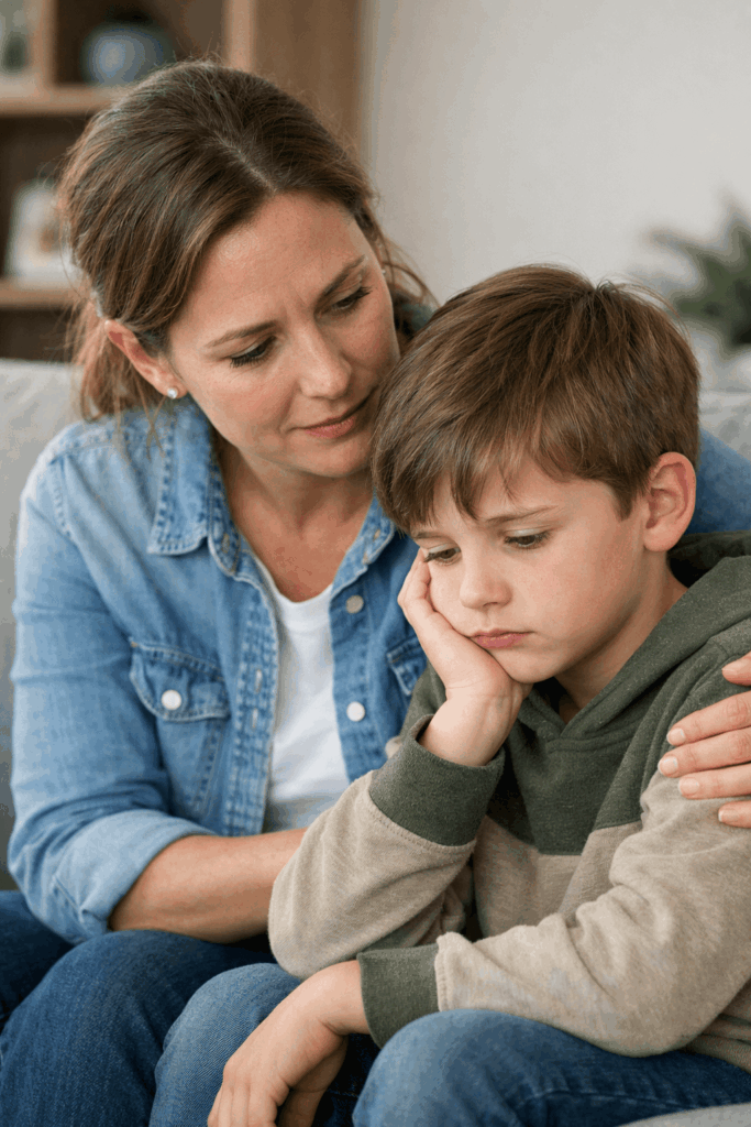 A parent and child sitting together, child looking sad while parent listens with empathy