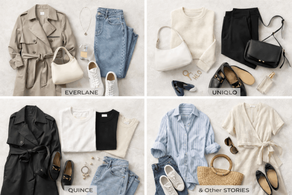 A styled outfit showing how to mix affordable brands—Everlane jeans, Quince cashmere sweater, Mango boots, creating a cohesive expensive-looking outfit