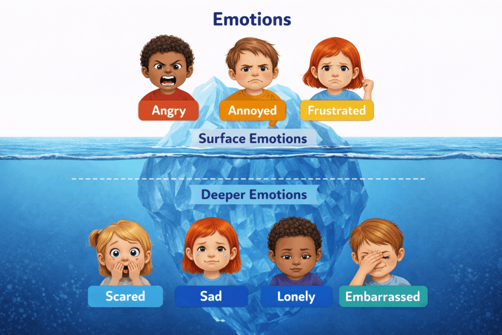 An iceberg diagram showing surface emotions (angry, annoyed, frustrated) above water and deeper emotions (scared, sad, lonely, embarrassed) below the surface