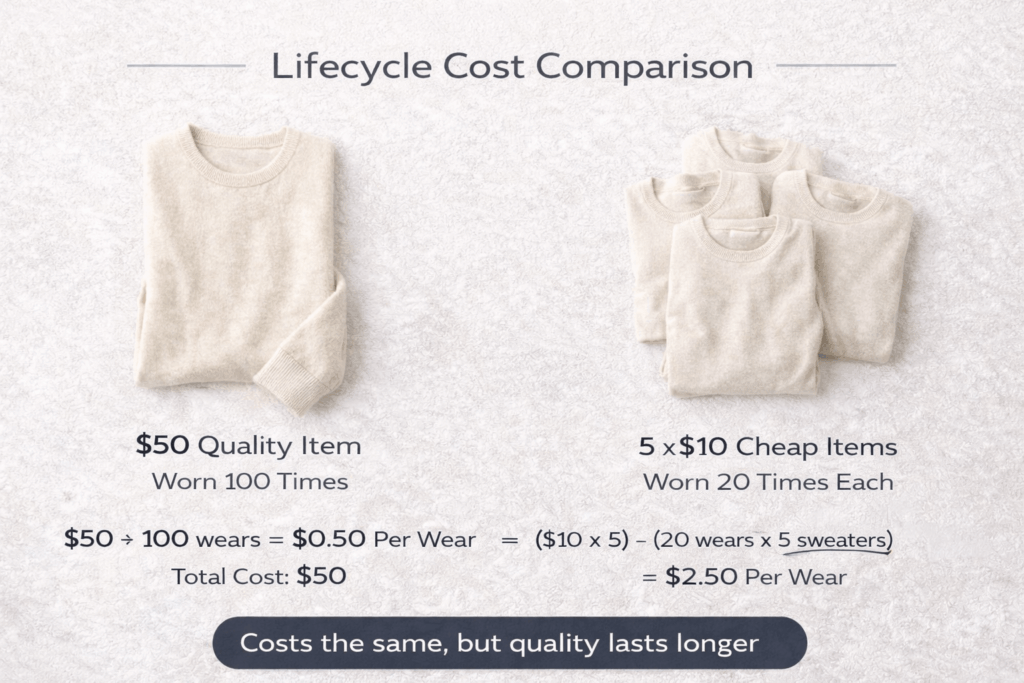 An infographic showing the lifecycle cost comparison One $50 quality item worn 100 times vs. Five $10 items worn 20 times each