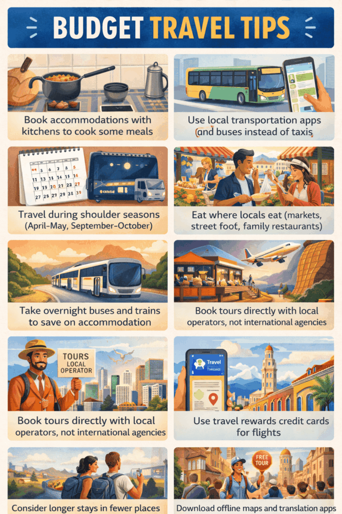 Infographic of budget travel tips or money-saving strategies