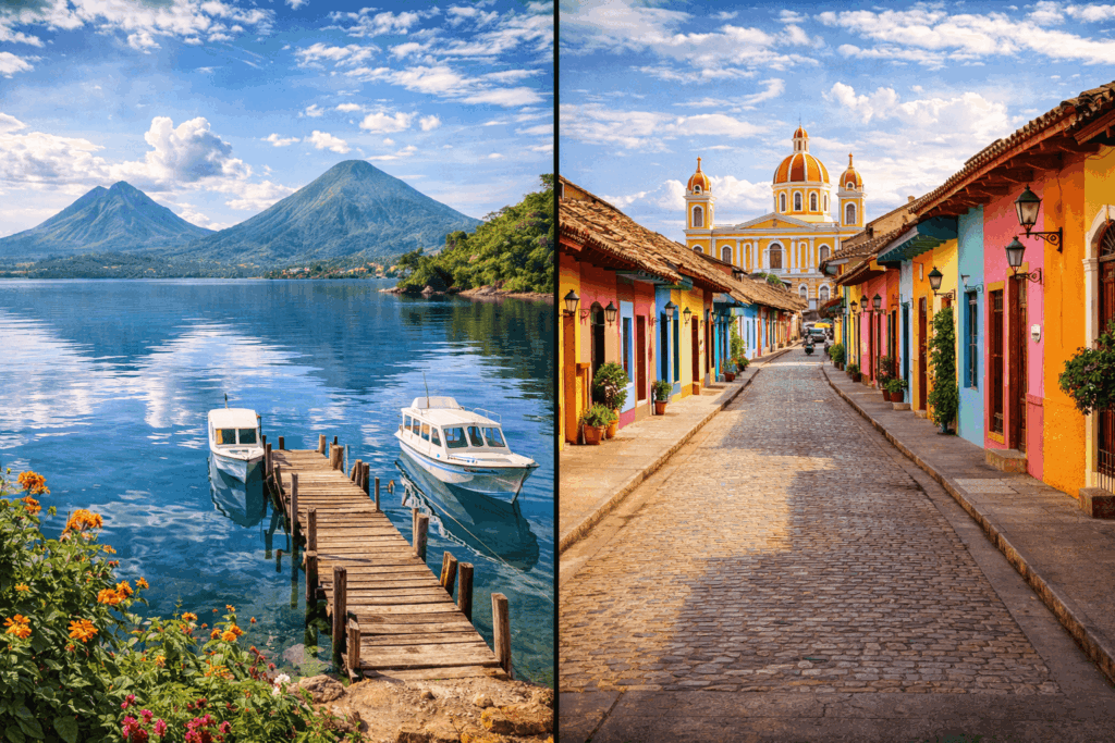 Lake Atitlán with volcanoes or colorful Granada, Nicaragua streets