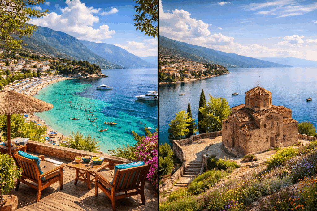 Scenic photo of Albanian Riviera or Lake Ohrid, North Macedonia