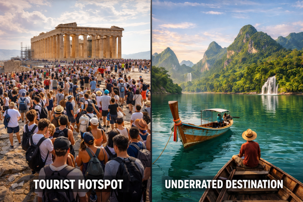 Split comparison image showing crowded tourist hotspot vs. peaceful underrated destination
