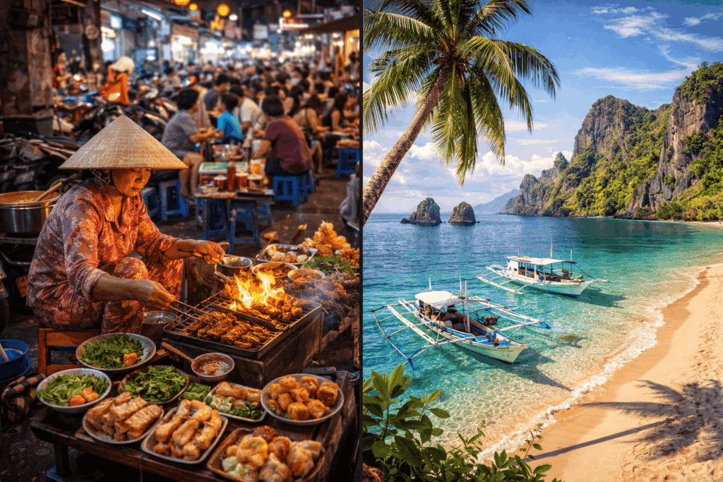 Vietnamese street food scene or Philippine beach landscape