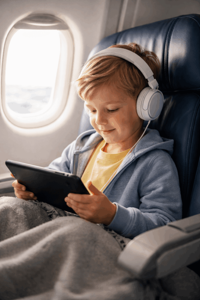 Child using tablet with headphones on airplane 1 1