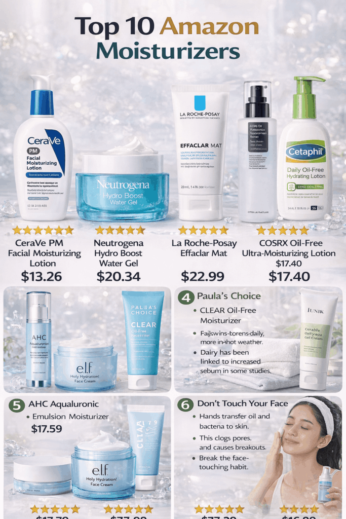 Collage of top 10 Amazon moisturizers with star ratings and prices