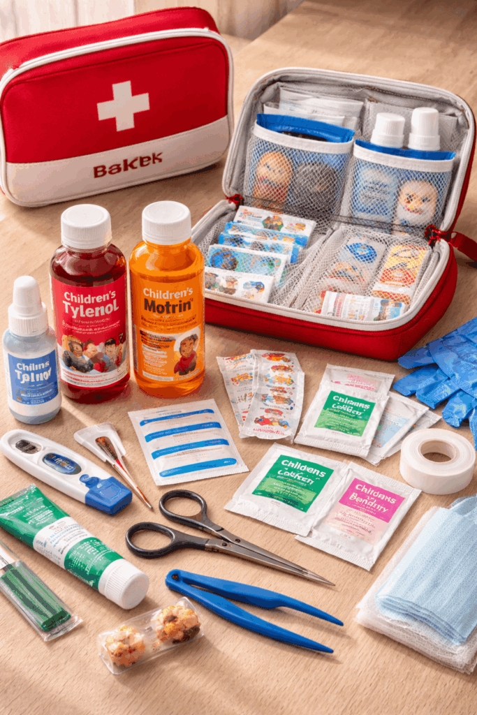 First aid kit contents laid out with childrens medications 1