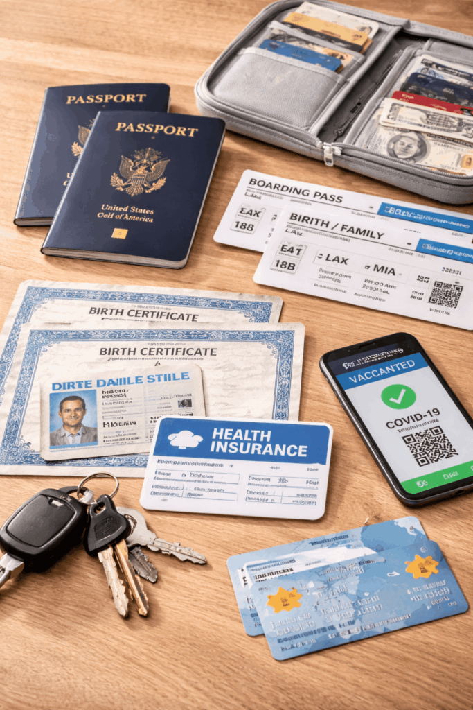 Important documents and ID items laid out for travel 1