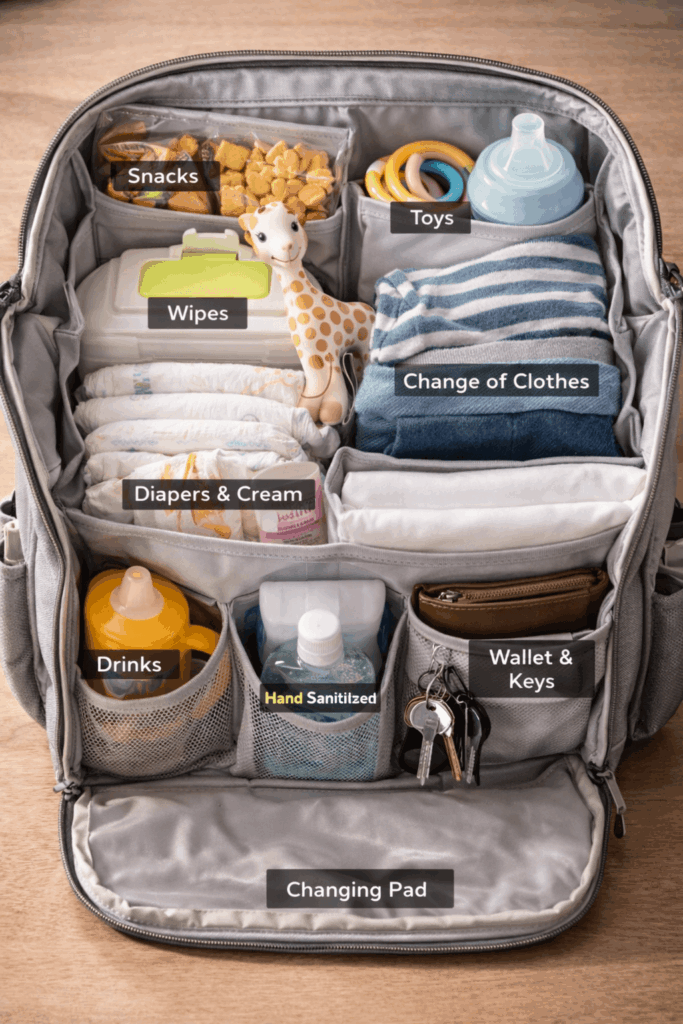 Organized diaper bag with labeled compartments 1