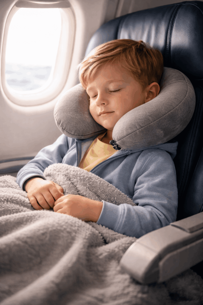 Toddler sleeping on plane with travel pillow and blanket 1