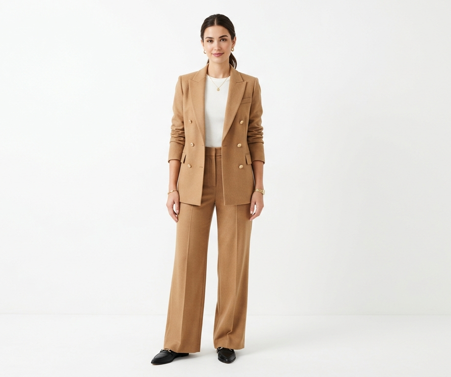 A camel or black matching blazer and wide-leg trouser co-ord, styled simply with minimal accessories on a clean white background.