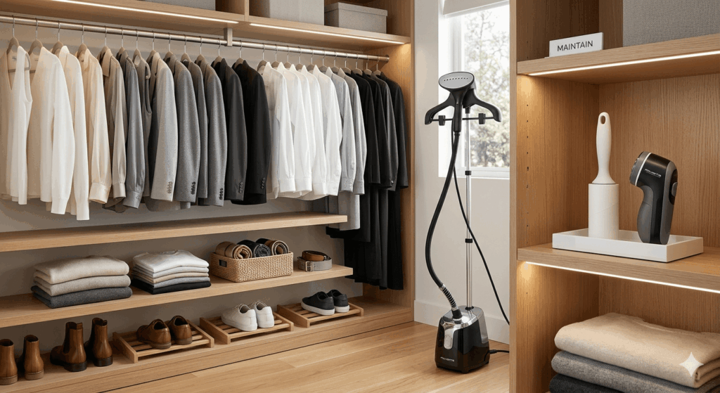  A neatly organized wardrobe with steamer visible in frame, or a close-up of a lint roller and fabric shaver on a clean surface.
