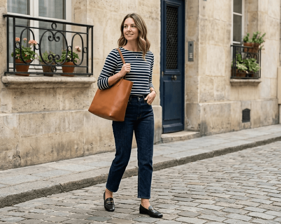 French-girl street style — Breton stripe top, dark jeans, tan tote bag, loafers, clean background, no clutter.
