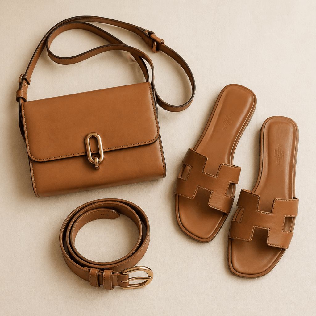 Neutral leather accessories flat lay