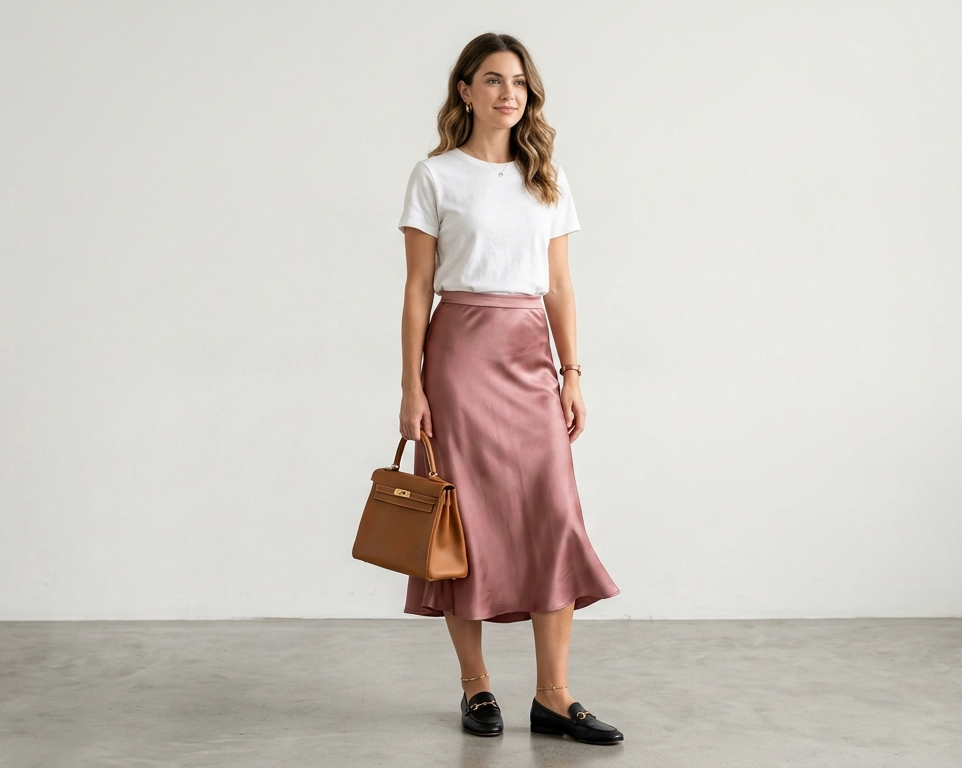 Satin midi skirt in dusty rose or cream styled with a plain white tee, structured bag, and flat loafers on a clean background.