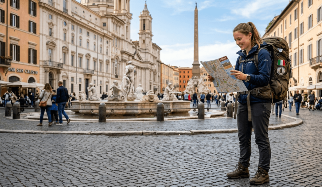 Solo woman traveler with a backpack in a European city square, looking at a map confidently
