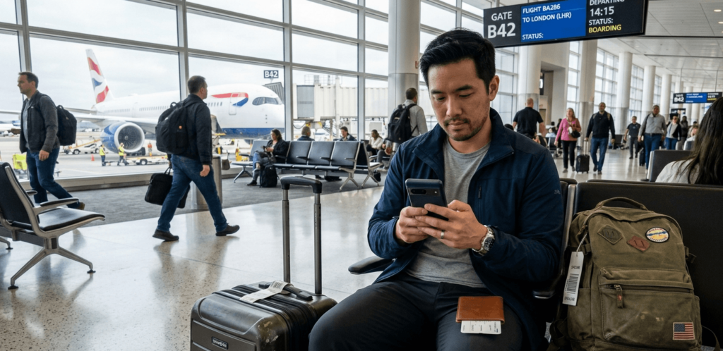 Traveler checking travel insurance documents on phone at an airport terminal