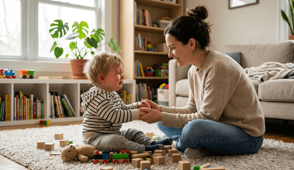 A calm parent sitting on the floor at eye level with a toddler who is visibly upset, with a warm and patient expression.