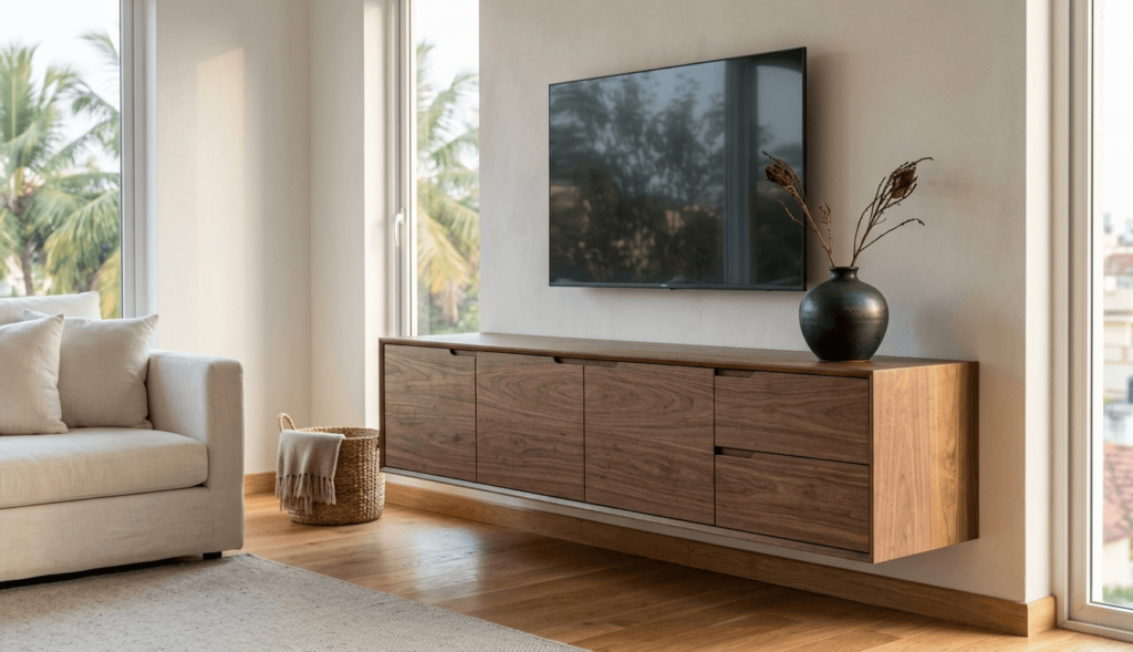 A clean living room media unit with closed-door storage, no visible cables, and a single decorative object on top.