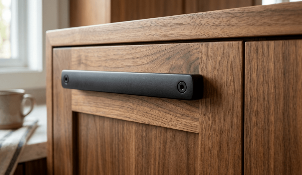 A close-up of a kitchen cabinet with a matte black bar pull handle against warm wood cabinetry — showing the premium finish effect.