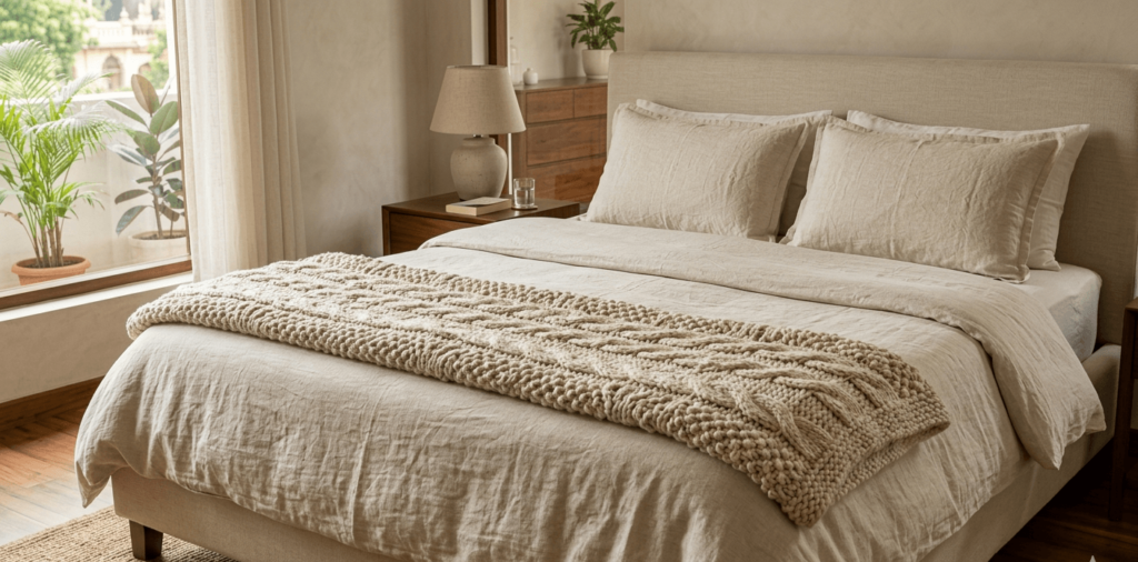 A cream linen-covered bed with one folded chunky knit throw at the foot — simple, textured, and clearly premium-feeling.