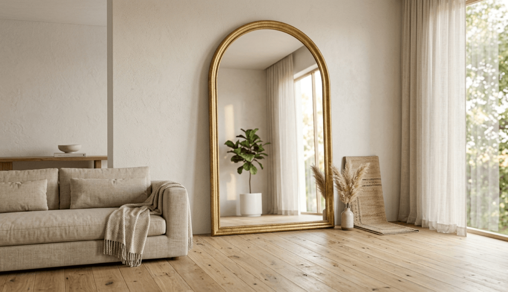 A large arched mirror in a warm gold frame leaning against a wall in a minimal living room, reflecting light from a nearby window.