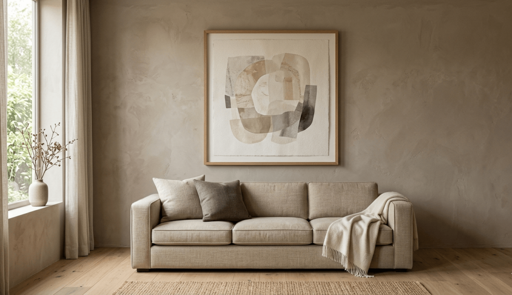 A large framed abstract print in a warm neutral tone hung on a clay or mushroom-colored wall above a minimal sofa — no other art around it.