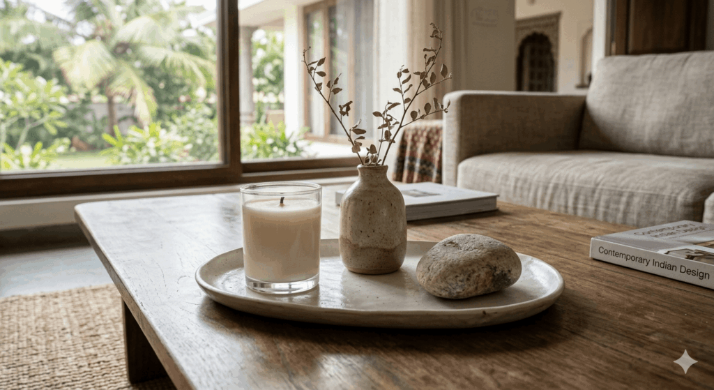 A marble or matte ceramic tray holding a simple cylindrical candle, a small vase, and a stone object — styled on a coffee table or sideboard.
