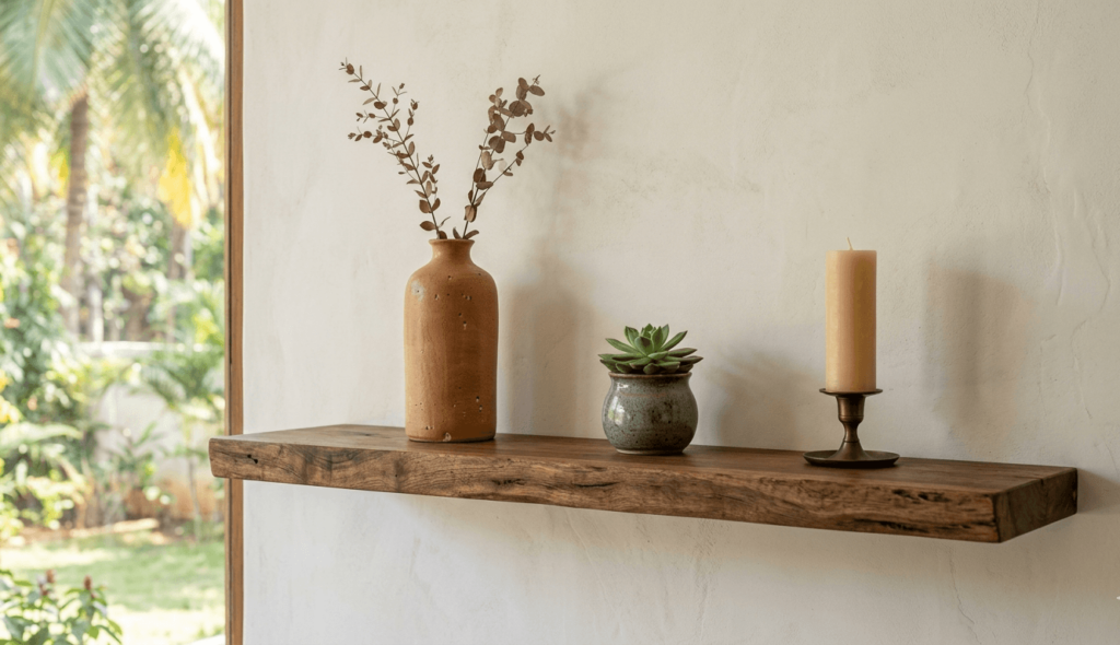 A wooden floating shelf with a rule-of-three grouping — a tall vase, a small ceramic pot, and a candle — with clear space between each grouping.