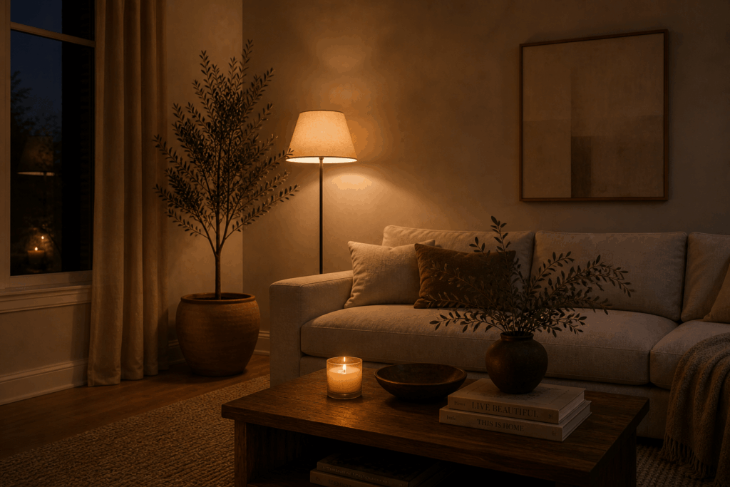 Cozy minimalist living room at night