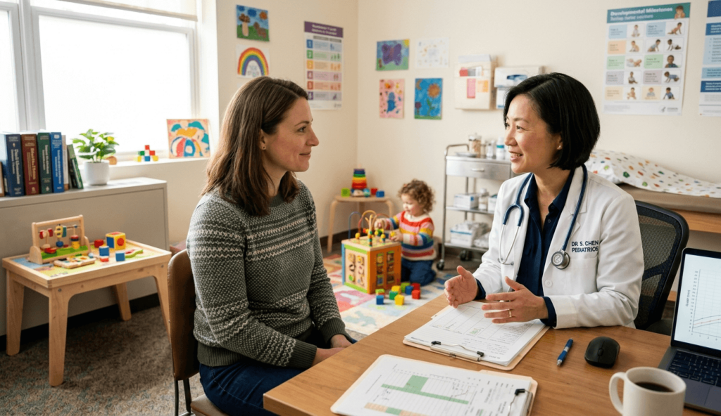 Parent speaking calmly with a pediatrician at a clinic, with a toddler playing nearby, in a reassuring and informative setting.
