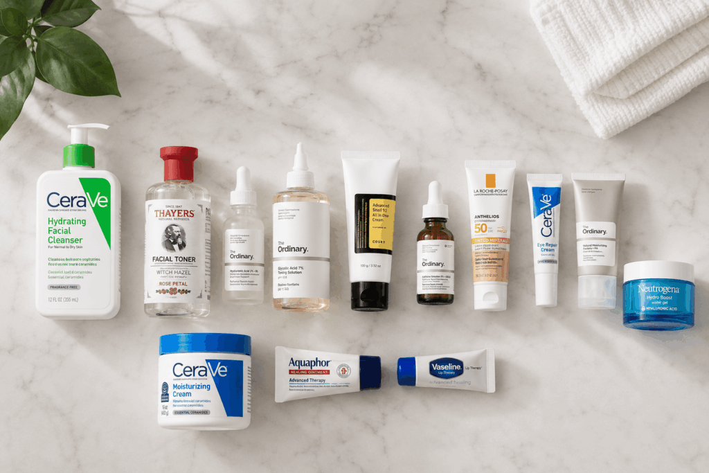 Skincare essentials flat-lay arrangement