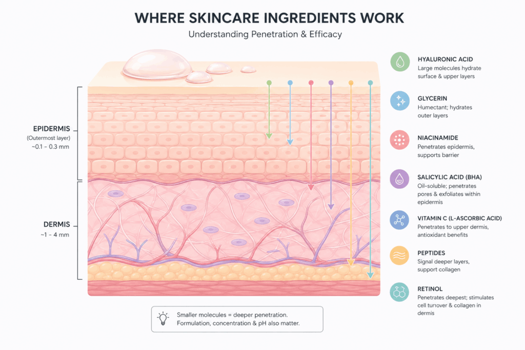 Skincare ingredients and skin penetration depth