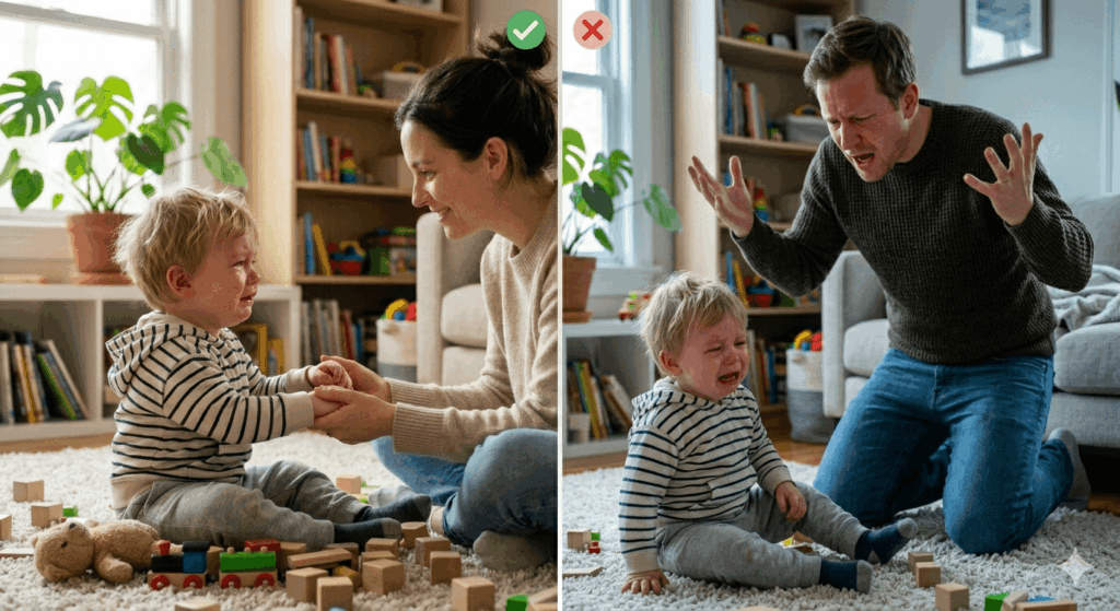 Split visual showing two responses to a tantrum — one showing a parent crouching calmly at child's level vs. one showing a parent visibly frustrated and reacting with big emotion.
