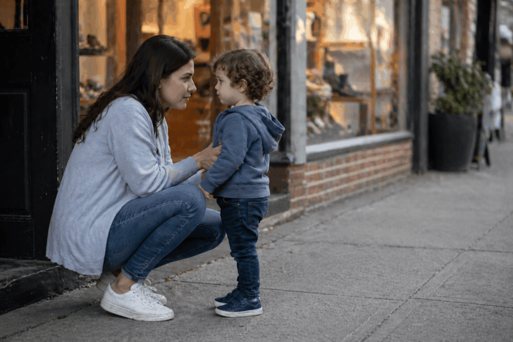 Woman and child near storefront doorway