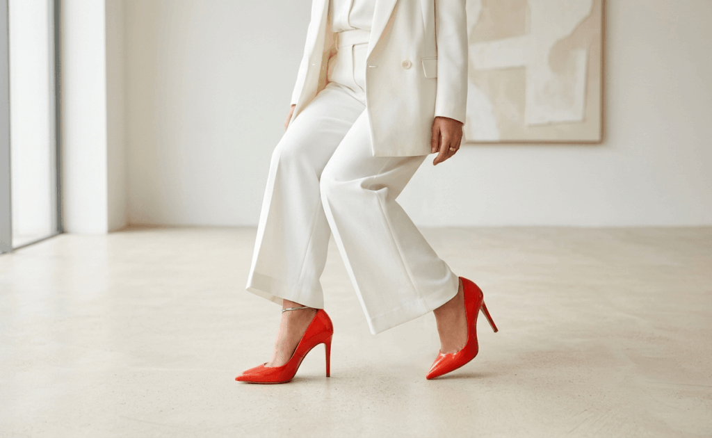  A pair of tomato red pointed-toe heels styled against all-white or all-cream tailored separates, showing the contrast effect clearly.