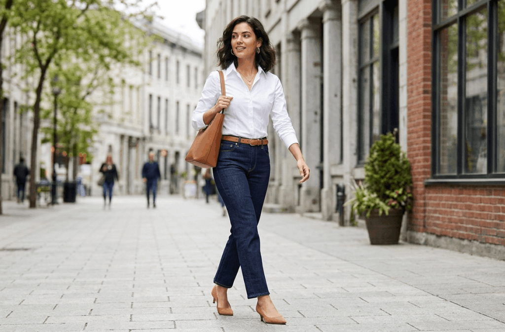 Dark indigo straight-leg jeans styled with a white fitted button-down and camel kitten heels, showing the polished casual combination.