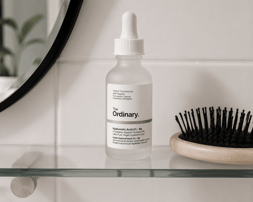 Minimalist bathroom skincare still life